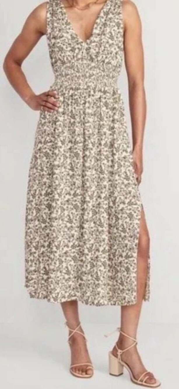 Old Navy Smocked Waist Tie-Back Floral Maxi Dress Beige Hue XL Boho Chic